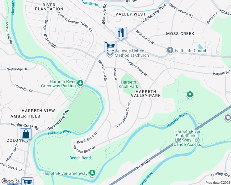 map of restaurants, bars, coffee shops, grocery stores, and more near 760 Myhr Drive in Nashville