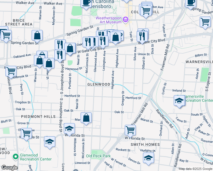 map of restaurants, bars, coffee shops, grocery stores, and more near 1004 Richardson Street in Greensboro