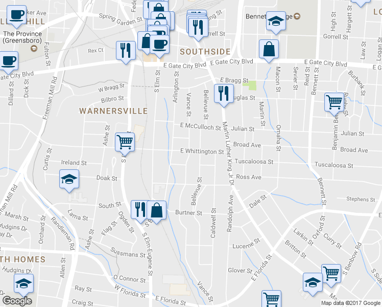 map of restaurants, bars, coffee shops, grocery stores, and more near 300 East Whittington Street in Greensboro