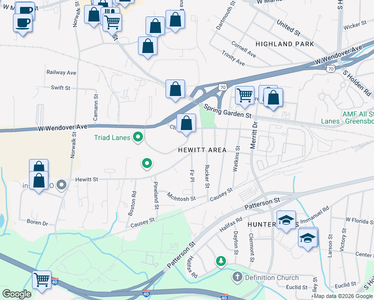 map of restaurants, bars, coffee shops, grocery stores, and more near 7b Oak Branch Drive in Greensboro