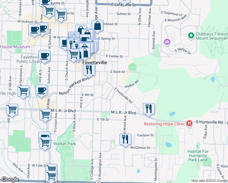 map of restaurants, bars, coffee shops, grocery stores, and more near 301 Martin Luther King Junior Boulevard in Fayetteville