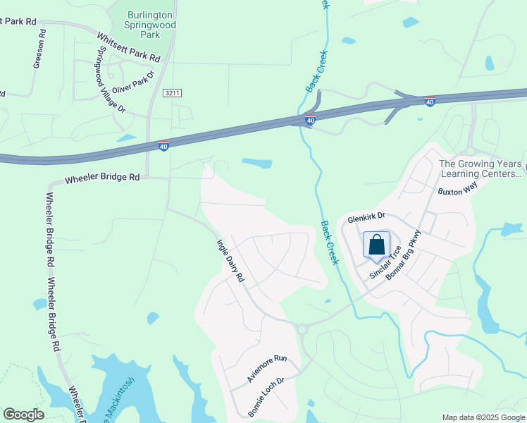 map of restaurants, bars, coffee shops, grocery stores, and more near 7518 Inglewood Road in Burlington