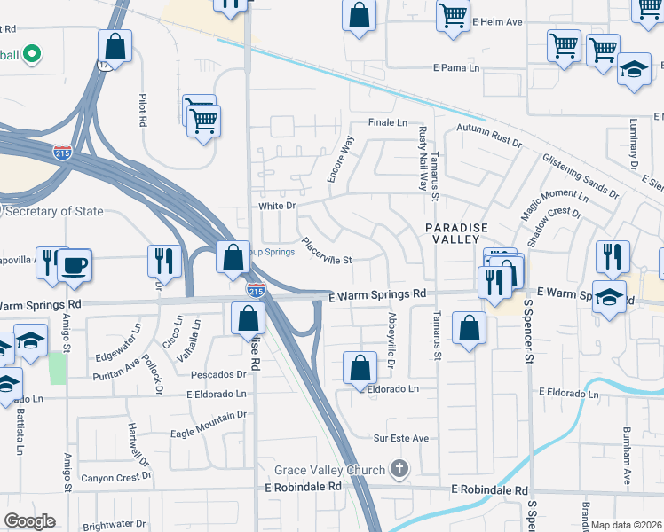 map of restaurants, bars, coffee shops, grocery stores, and more near 1151 Placerville Street in Las Vegas