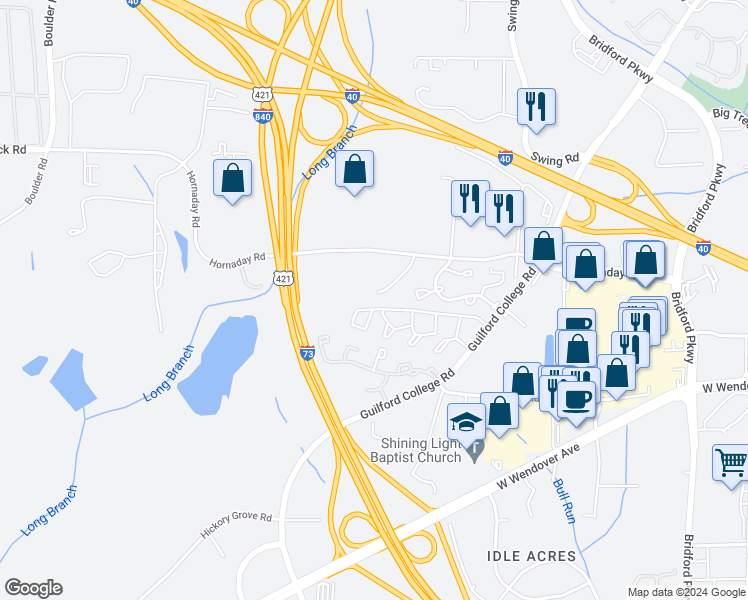 map of restaurants, bars, coffee shops, grocery stores, and more near 5669 Hornaday Road in Greensboro