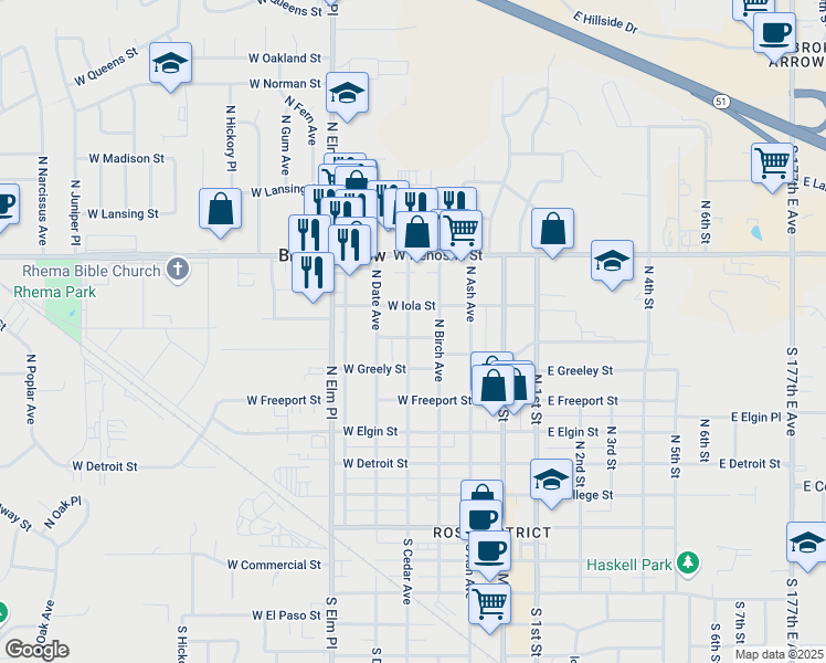 map of restaurants, bars, coffee shops, grocery stores, and more near 701 North Cedar Avenue in Broken Arrow
