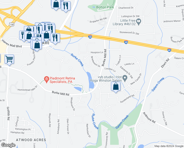 map of restaurants, bars, coffee shops, grocery stores, and more near 2917 Burke Place Court in Winston-Salem