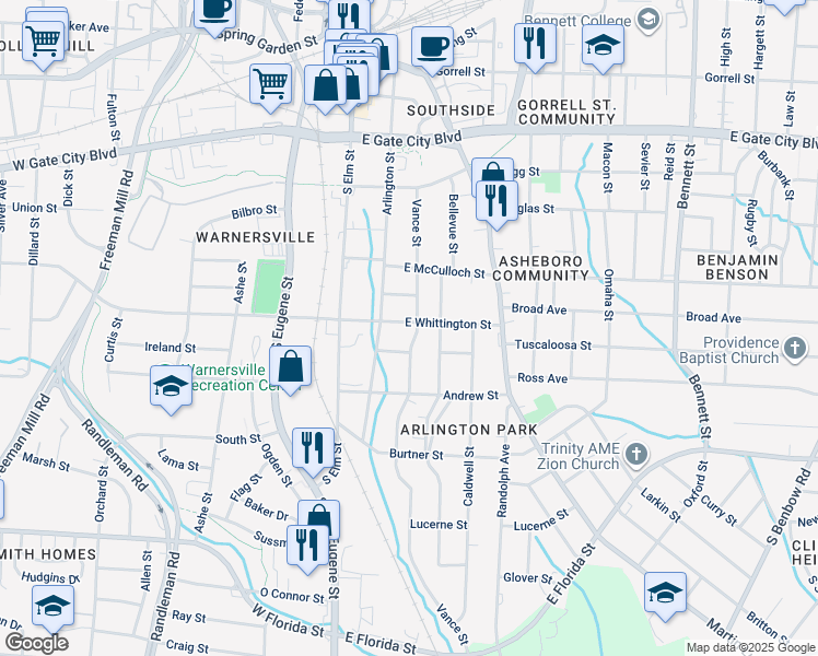 map of restaurants, bars, coffee shops, grocery stores, and more near 212 East Whittington Street in Greensboro