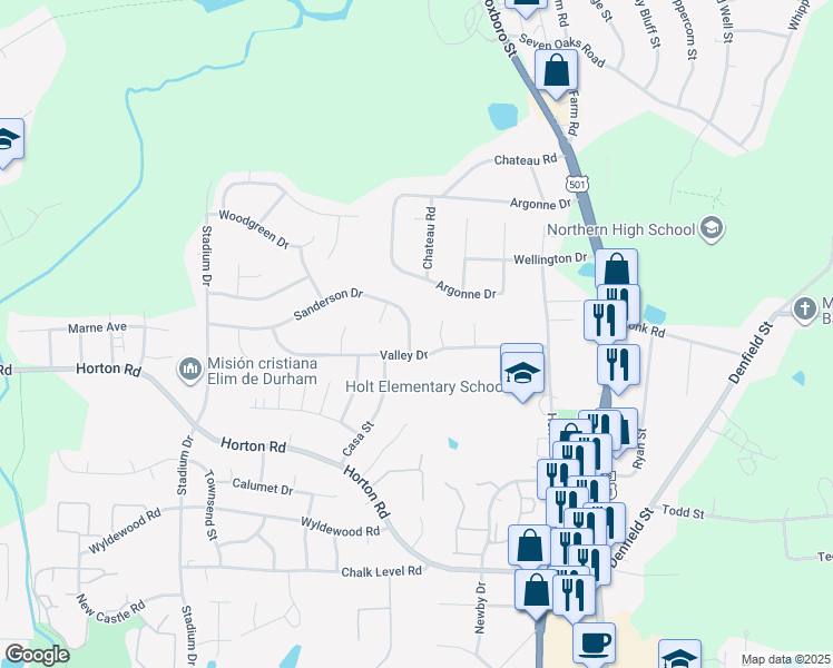 map of restaurants, bars, coffee shops, grocery stores, and more near 608 Sanderson Drive in Durham