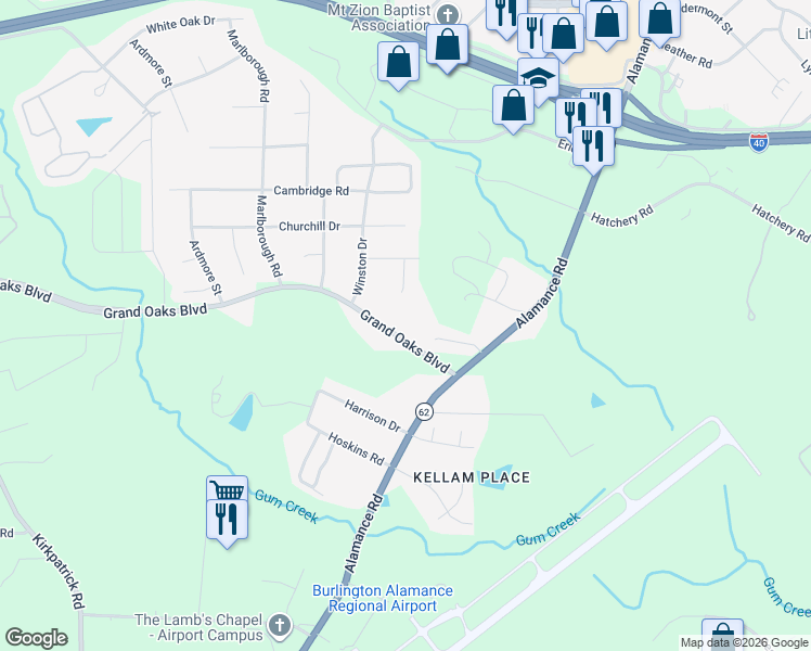 map of restaurants, bars, coffee shops, grocery stores, and more near 2341 Grand Oaks Boulevard in Burlington