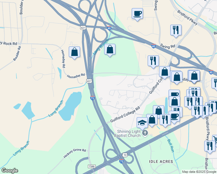 map of restaurants, bars, coffee shops, grocery stores, and more near 5665 Hornaday Road in Greensboro