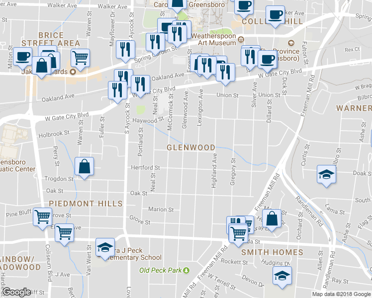 map of restaurants, bars, coffee shops, grocery stores, and more near in Greensboro