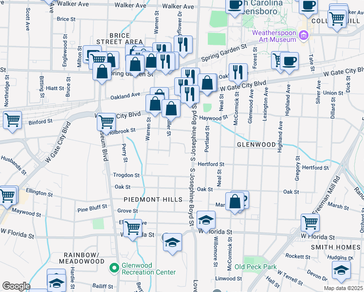 map of restaurants, bars, coffee shops, grocery stores, and more near 1020 South Josephine Boyd Street in Greensboro