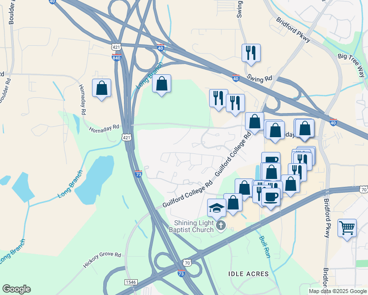 map of restaurants, bars, coffee shops, grocery stores, and more near 5615 Hornaday Road in Greensboro
