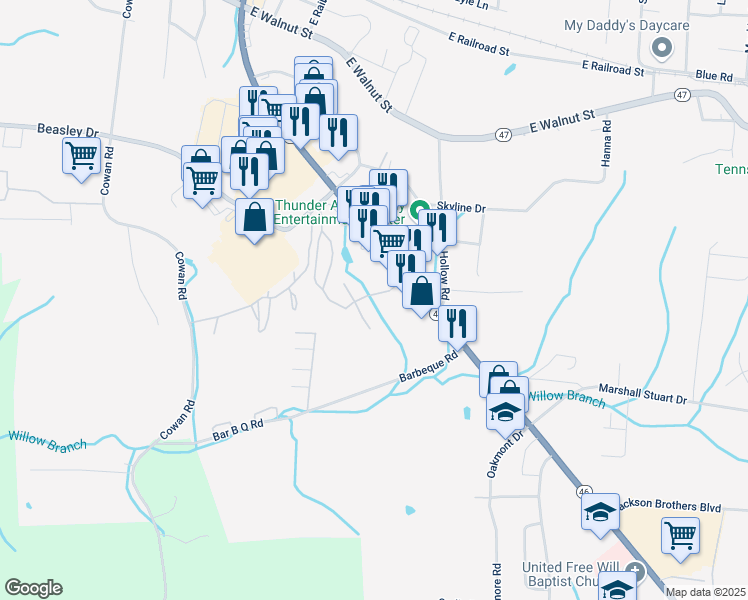 map of restaurants, bars, coffee shops, grocery stores, and more near 100 Valley View Drive in Dickson