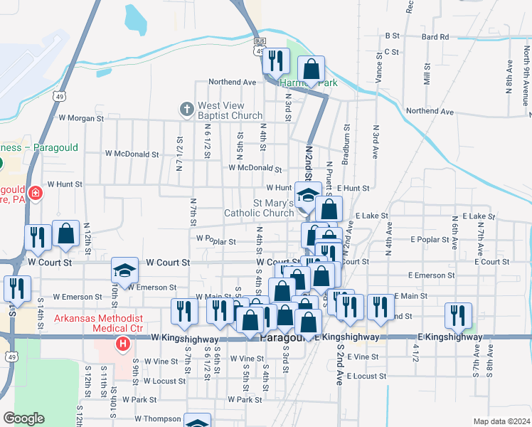 map of restaurants, bars, coffee shops, grocery stores, and more near 341 West Highland Street in Paragould