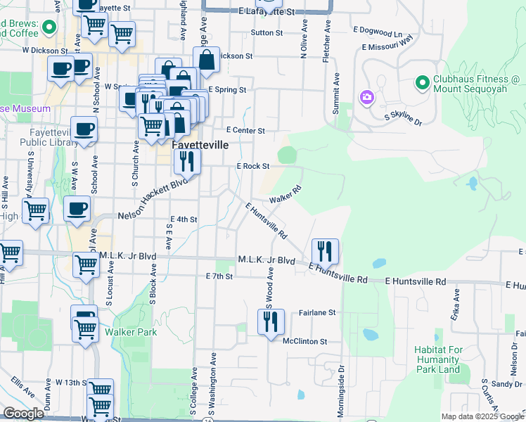 map of restaurants, bars, coffee shops, grocery stores, and more near 406 East Huntsville Road in Fayetteville