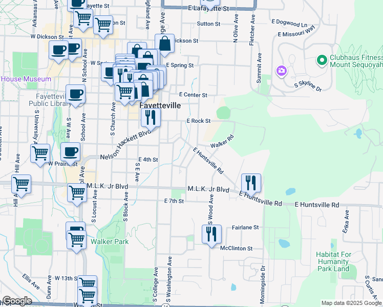 map of restaurants, bars, coffee shops, grocery stores, and more near 301 Martin Luther King Junior Boulevard in Fayetteville