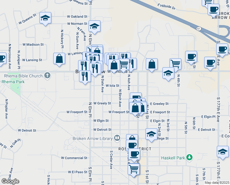 map of restaurants, bars, coffee shops, grocery stores, and more near 701 North Cedar Avenue in Broken Arrow