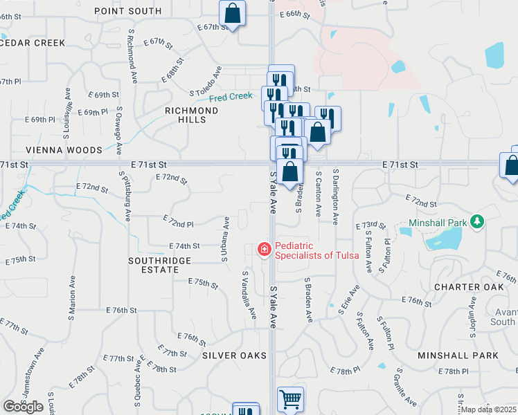 map of restaurants, bars, coffee shops, grocery stores, and more near 7210 South Yale Avenue in Tulsa