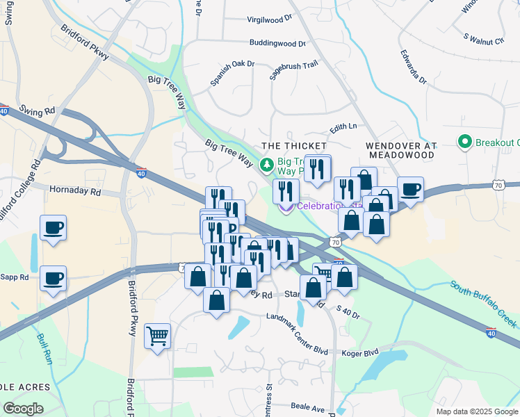 map of restaurants, bars, coffee shops, grocery stores, and more near 4317 Big Tree Way in Greensboro