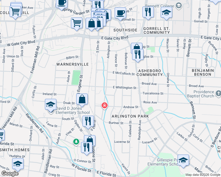 map of restaurants, bars, coffee shops, grocery stores, and more near 202 East Whittington Street in Greensboro