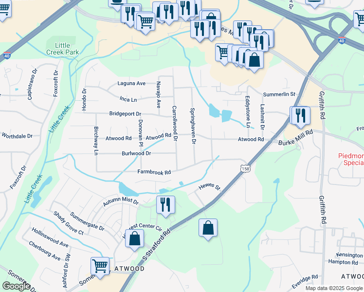 map of restaurants, bars, coffee shops, grocery stores, and more near 3021 Carrollwood Drive in Winston-Salem