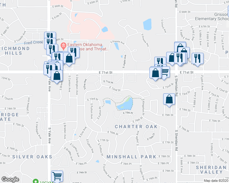 map of restaurants, bars, coffee shops, grocery stores, and more near 5703 East 72nd Place in Tulsa