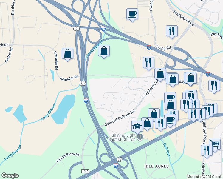 map of restaurants, bars, coffee shops, grocery stores, and more near 5671 Hornaday Road in Greensboro