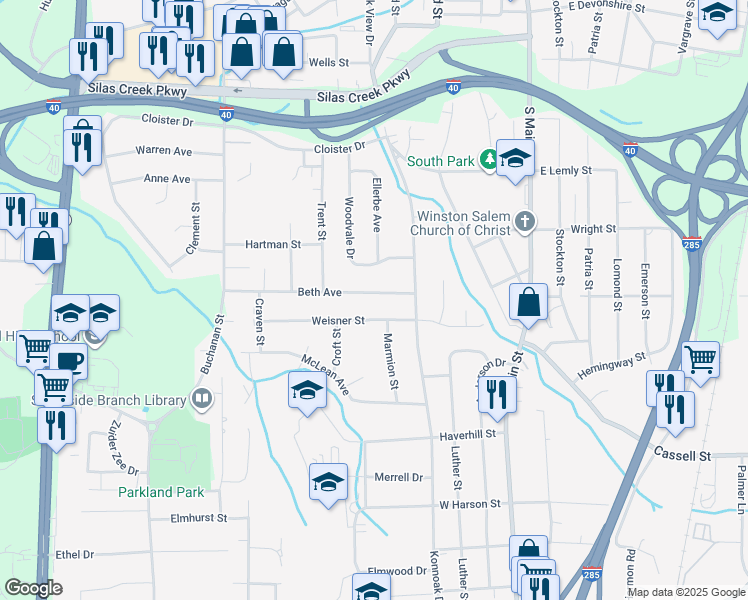 map of restaurants, bars, coffee shops, grocery stores, and more near 440 Beth Avenue in Winston-Salem