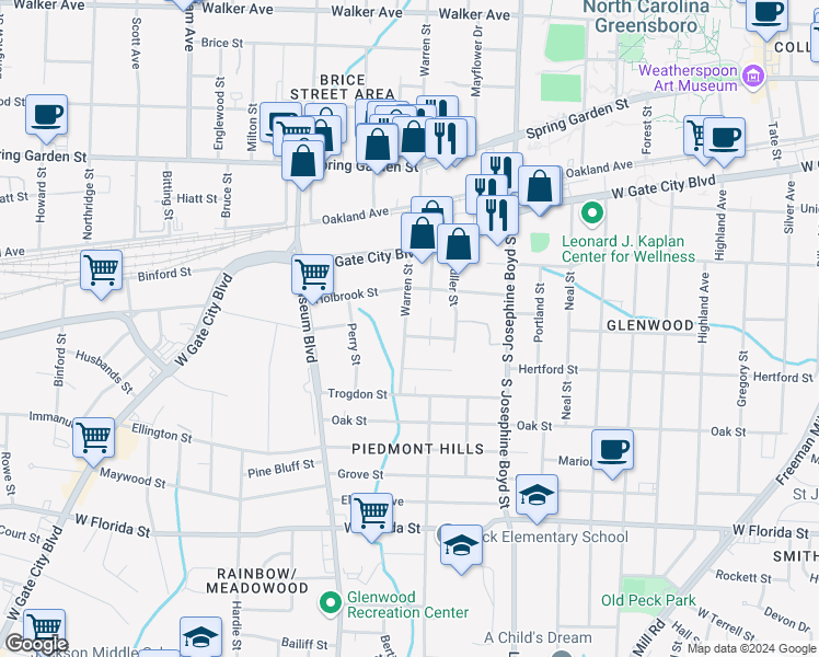 map of restaurants, bars, coffee shops, grocery stores, and more near 1117 Warren Street in Greensboro