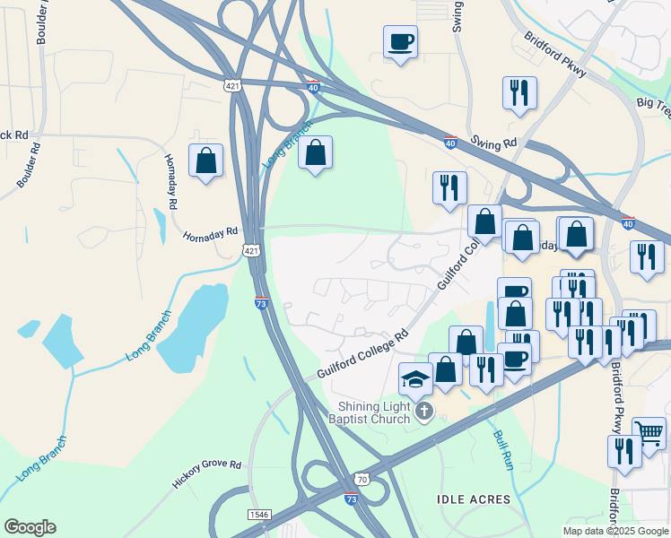 map of restaurants, bars, coffee shops, grocery stores, and more near 5671 Hornaday Road in Greensboro