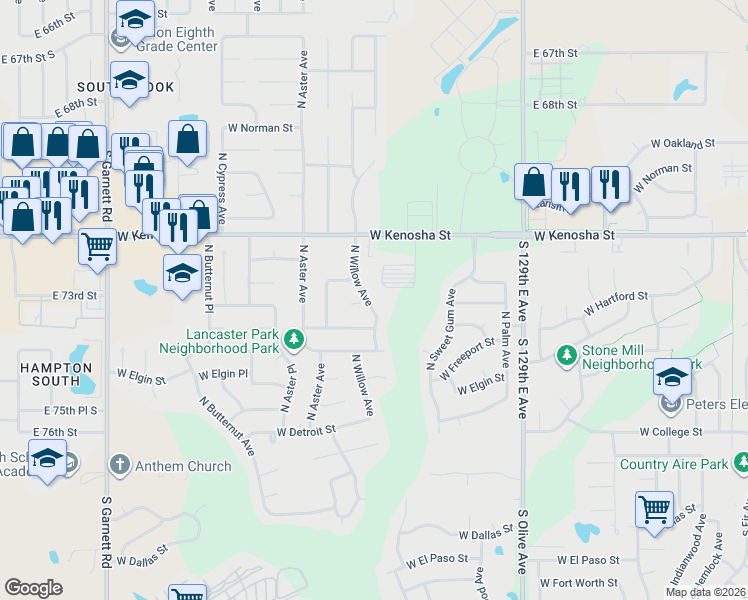 map of restaurants, bars, coffee shops, grocery stores, and more near 613 North Willow Avenue in Broken Arrow