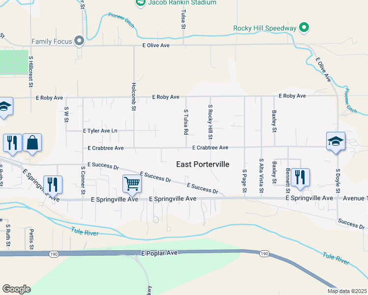 map of restaurants, bars, coffee shops, grocery stores, and more near 1801-1829 East Crabtree Avenue in Porterville