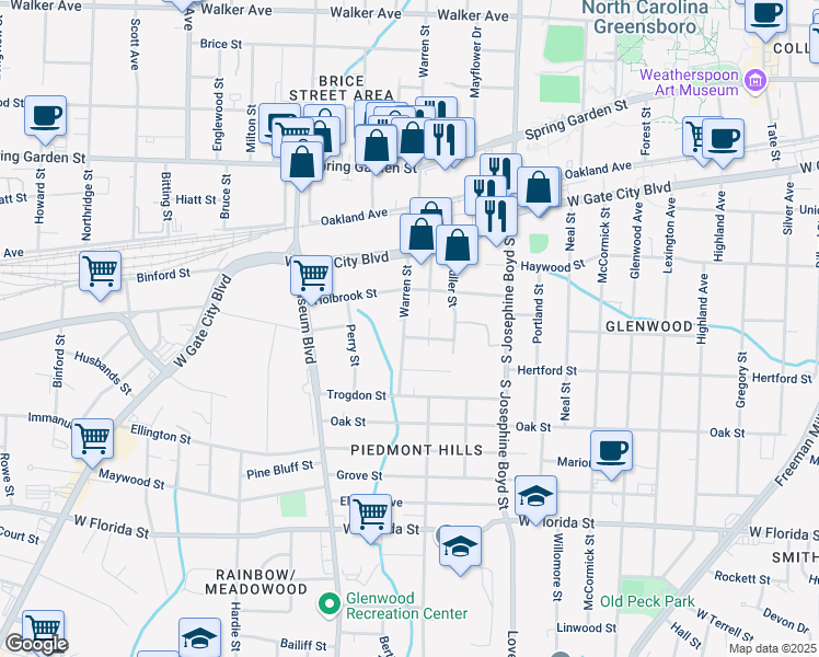 map of restaurants, bars, coffee shops, grocery stores, and more near 1117 Warren Street in Greensboro
