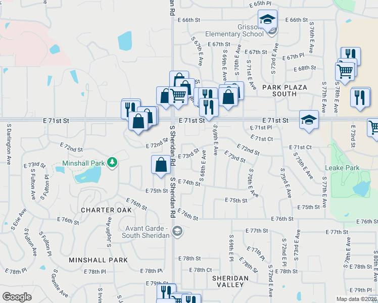 map of restaurants, bars, coffee shops, grocery stores, and more near 6705 East 73rd Street in Tulsa