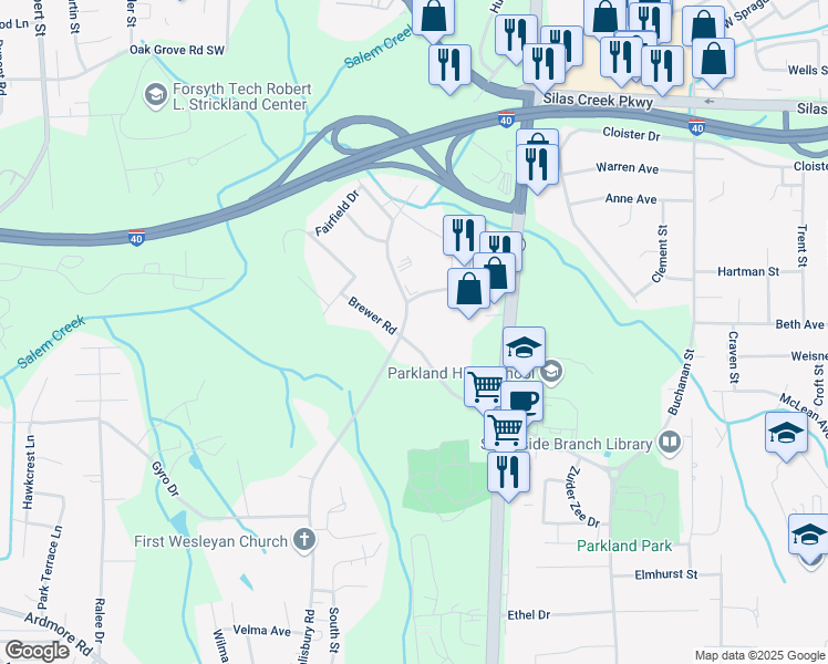 map of restaurants, bars, coffee shops, grocery stores, and more near 1410 Brewer Road in Winston-Salem