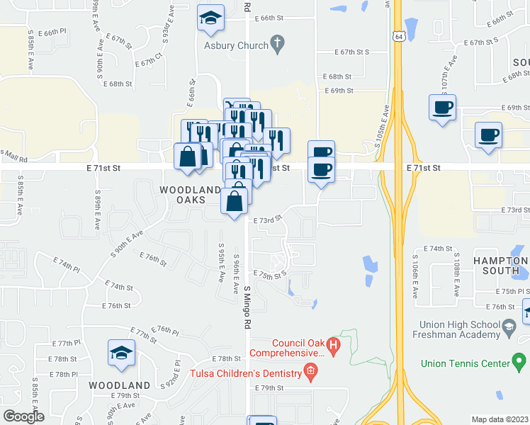 map of restaurants, bars, coffee shops, grocery stores, and more near 7181 South Mingo Road in Tulsa
