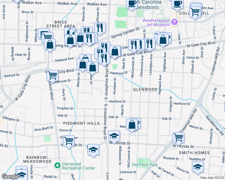 map of restaurants, bars, coffee shops, grocery stores, and more near 1004 Portland Street in Greensboro