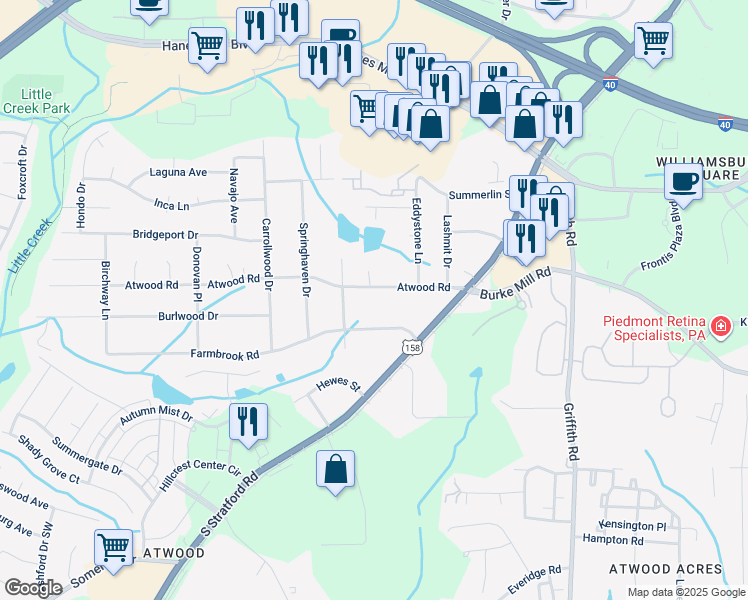 map of restaurants, bars, coffee shops, grocery stores, and more near 2440 Atwood Road in Winston-Salem
