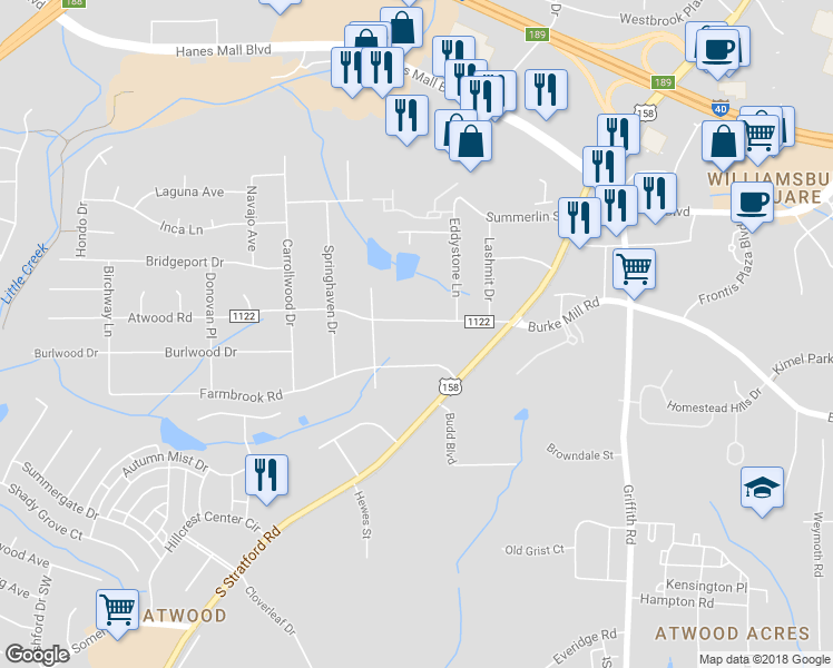 map of restaurants, bars, coffee shops, grocery stores, and more near 2440 Atwood Road in Winston-Salem
