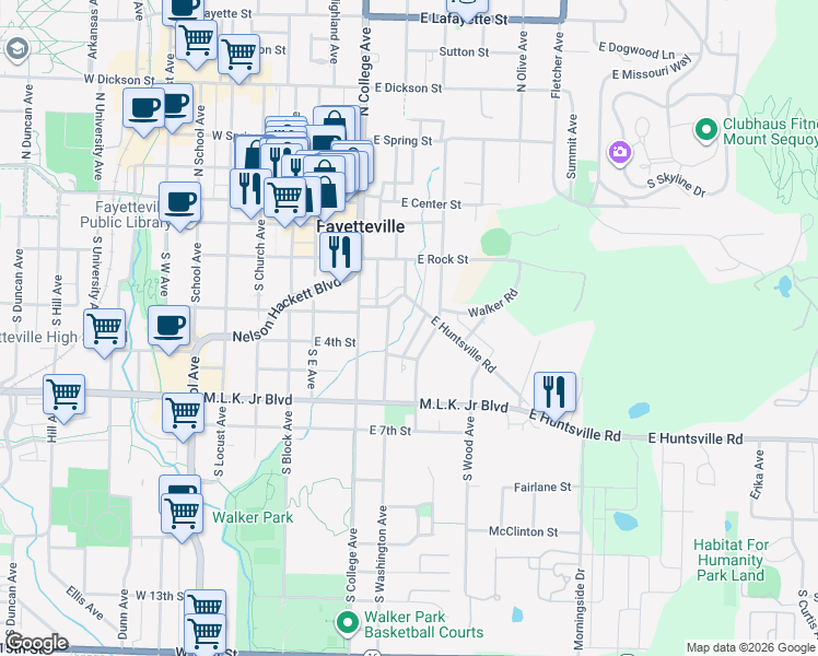 map of restaurants, bars, coffee shops, grocery stores, and more near 318 South Washington Avenue in Fayetteville