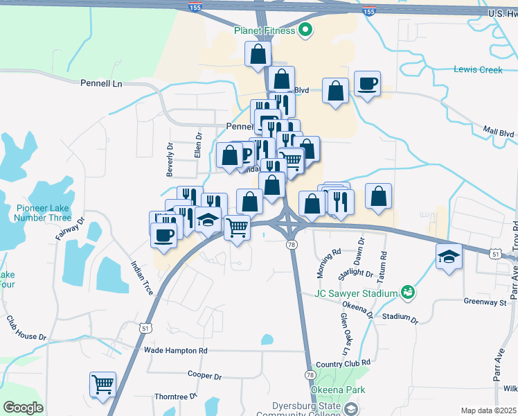 map of restaurants, bars, coffee shops, grocery stores, and more near 850 Tennessee 3 in Dyersburg
