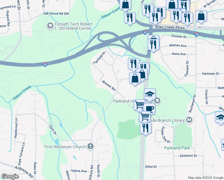 map of restaurants, bars, coffee shops, grocery stores, and more near 1341 Brewer Road in Winston-Salem