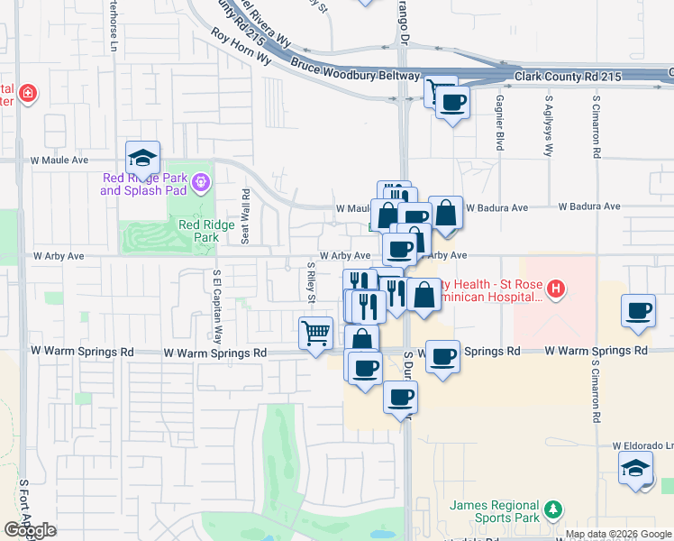 map of restaurants, bars, coffee shops, grocery stores, and more near 7123 South Durango Drive in Las Vegas