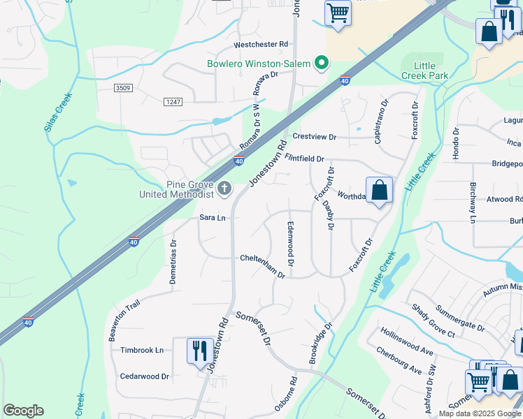 map of restaurants, bars, coffee shops, grocery stores, and more near 1131 Jonestown Road in Winston-Salem