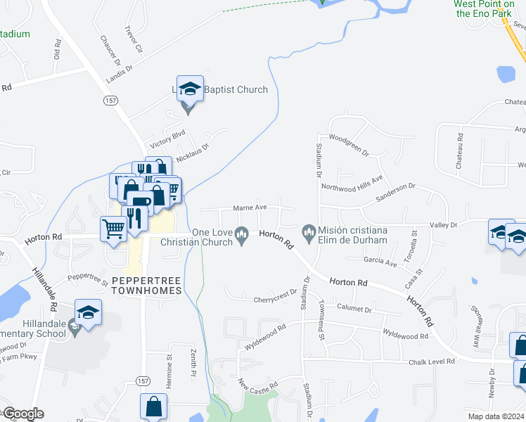 map of restaurants, bars, coffee shops, grocery stores, and more near 4216 Thames Avenue in Durham