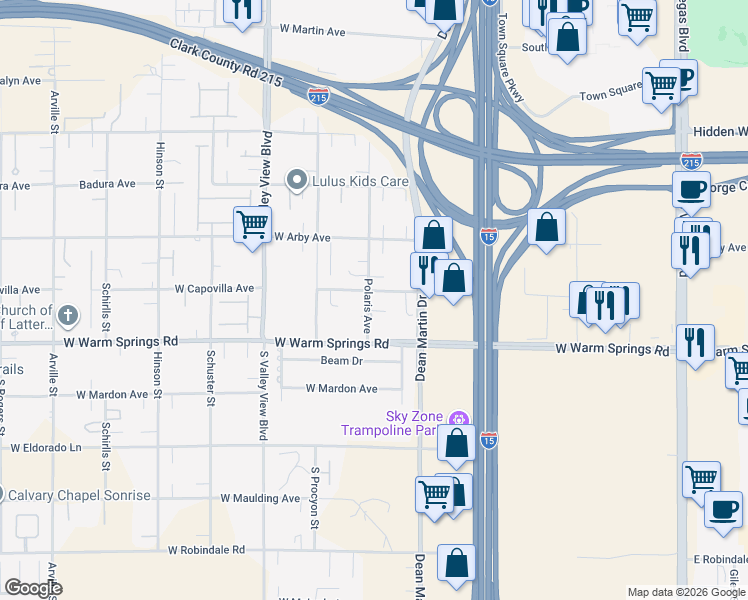 map of restaurants, bars, coffee shops, grocery stores, and more near 3375 West Capovilla Avenue in Las Vegas