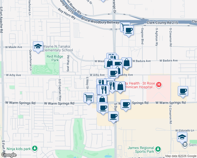 map of restaurants, bars, coffee shops, grocery stores, and more near 7115 South Durango Drive in Las Vegas