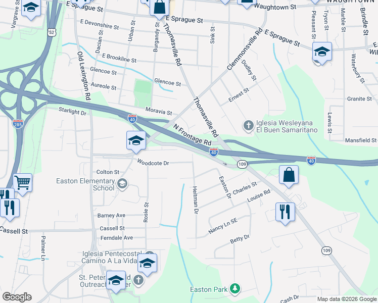 map of restaurants, bars, coffee shops, grocery stores, and more near 3055 Heitman Drive Southeast in Winston-Salem