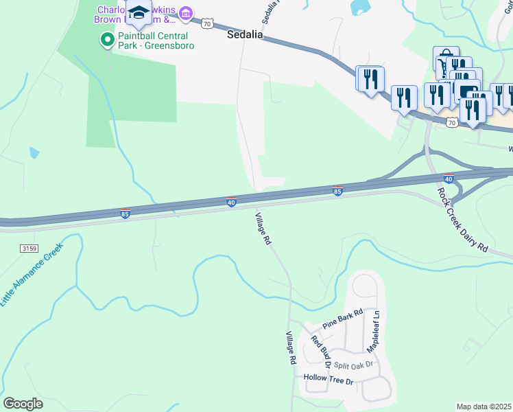 map of restaurants, bars, coffee shops, grocery stores, and more near 5704 Millstream Road in Whitsett